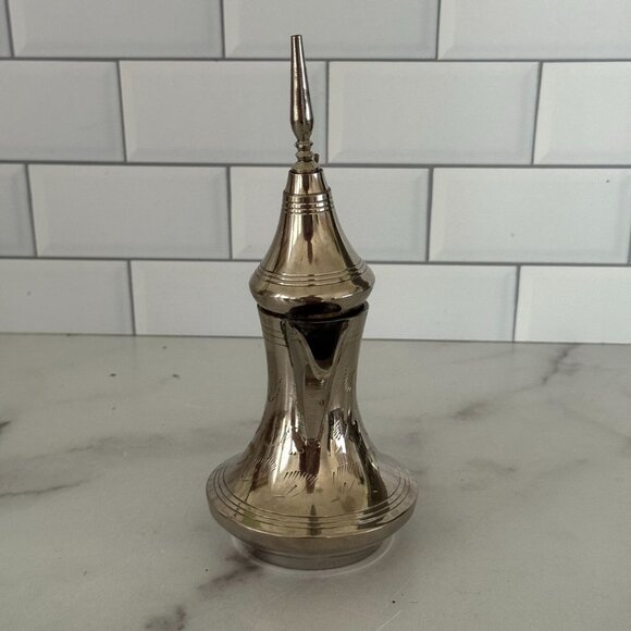 Vintage Middle Eastern Brass Coffee Pot With Engraved Details & Hinged Lid - Picture 4 of 6